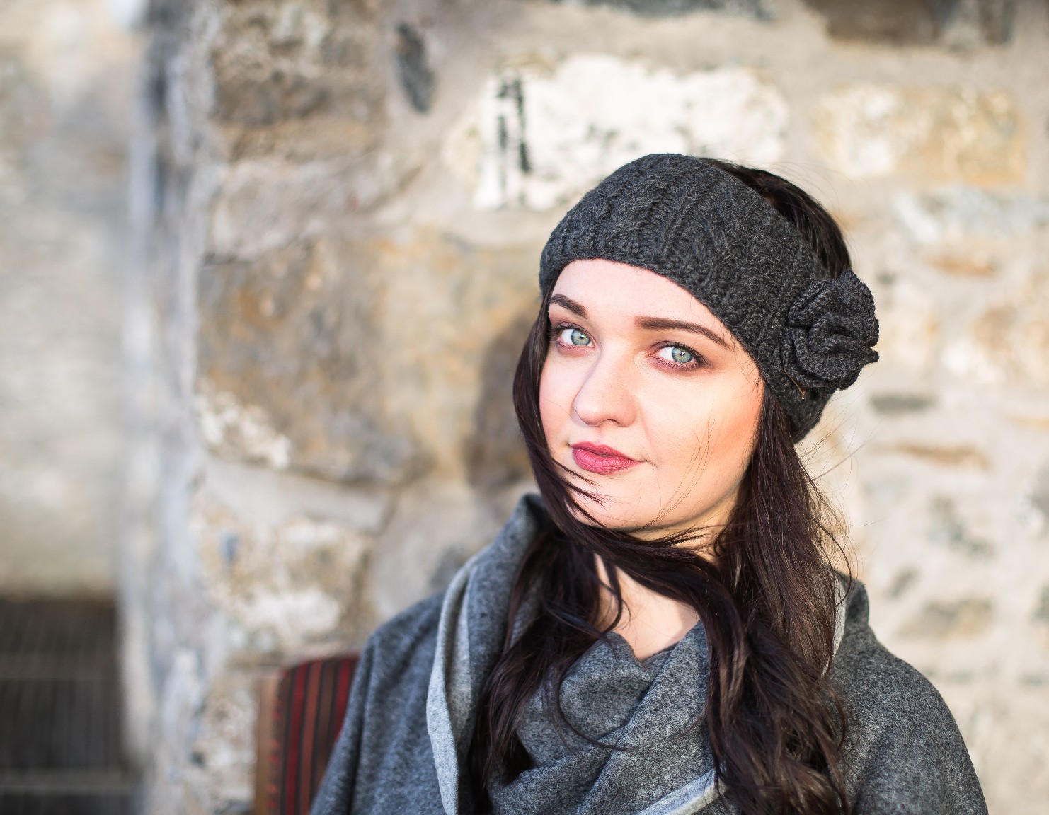 Aran Cable Knitted Wool Headband with Flower Charcoal - Aran Accessories