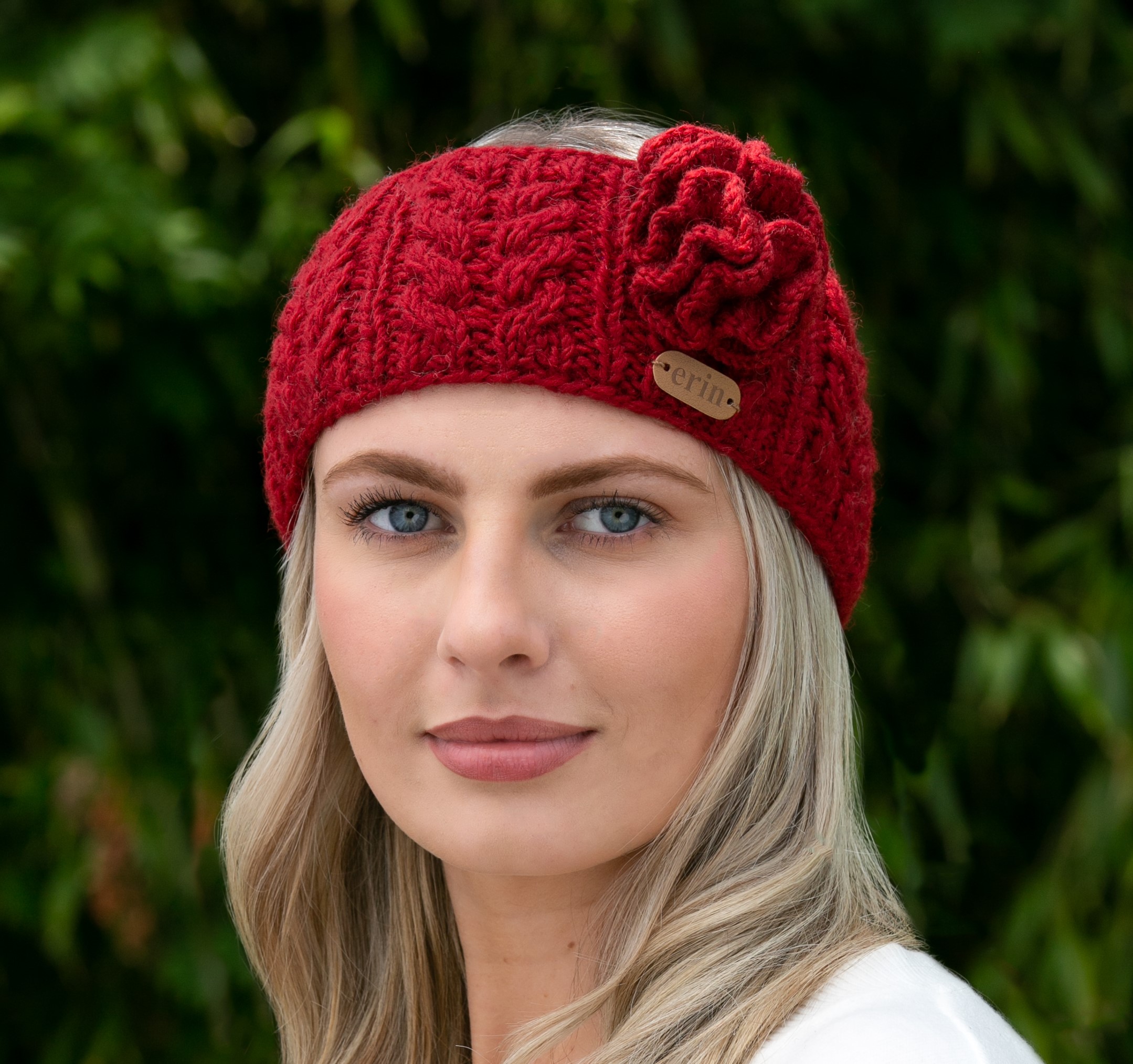Aran Cable Knitted Wool Headband with Flower Red - Aran Accessories
