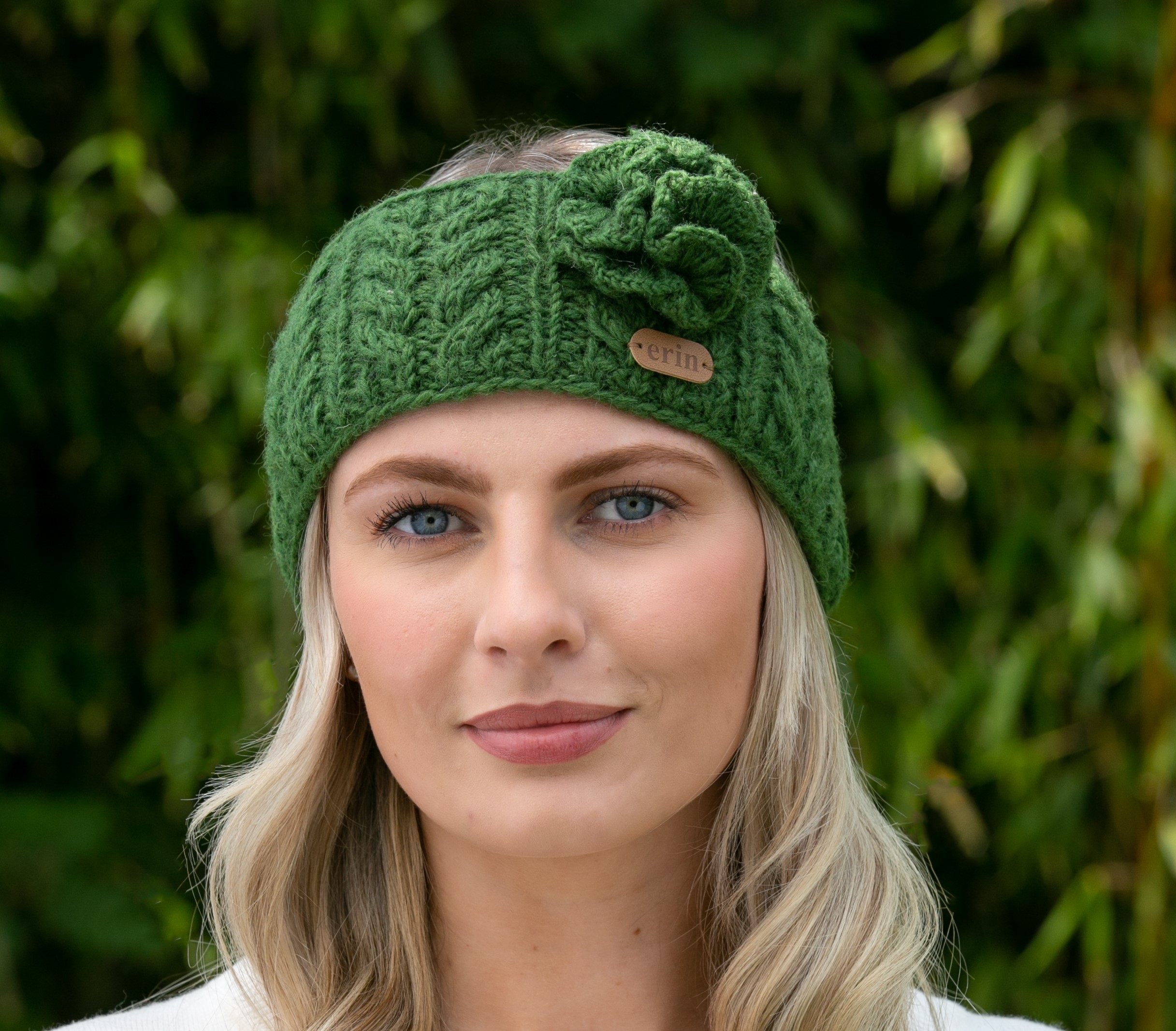 Aran Cable Knitted Wool Headband with Flower Green - Aran Accessories