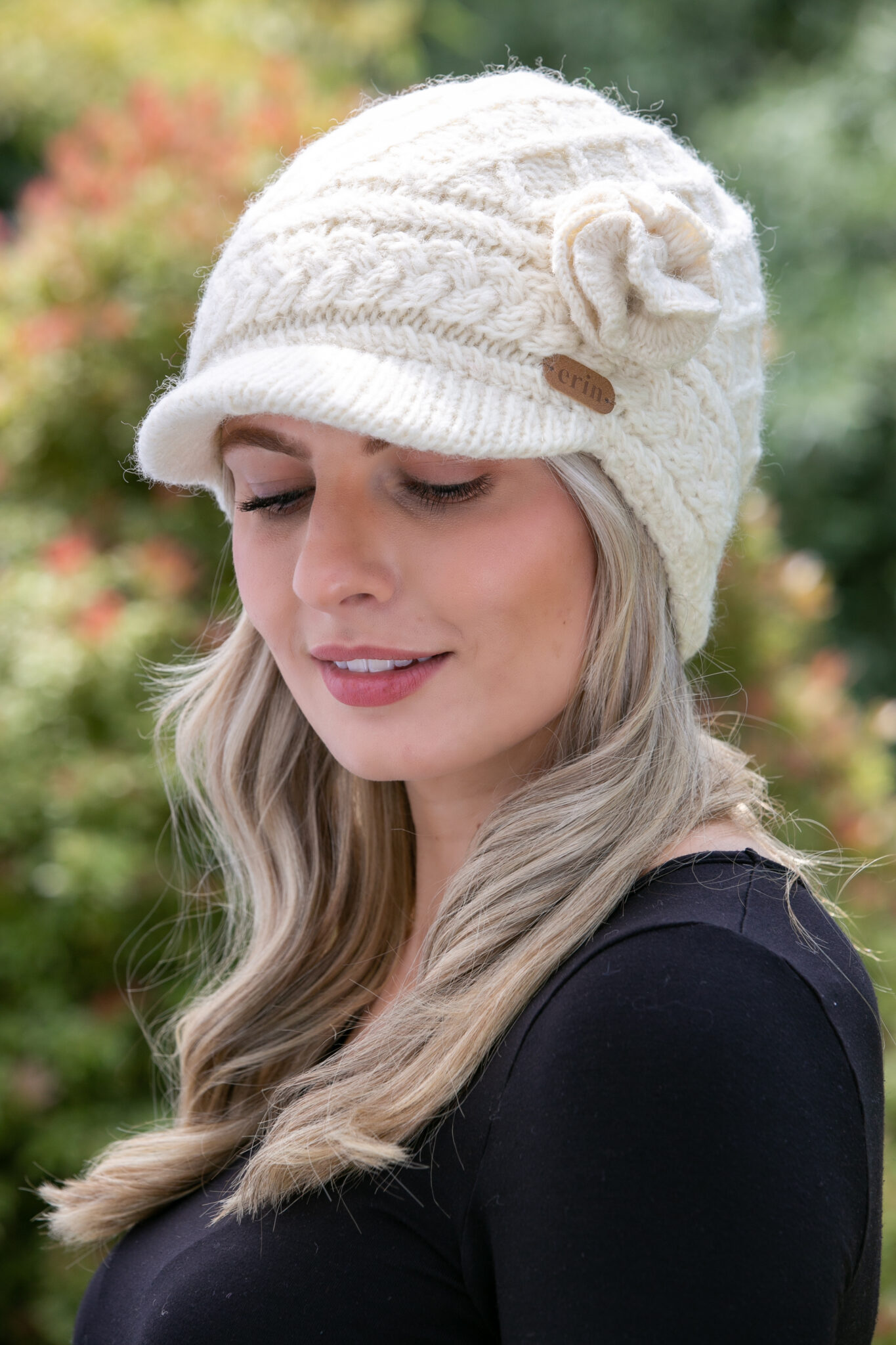 Aran Trellis Pattern Peak Hat with Flower White Aran Accessories