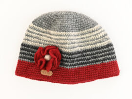 Crochet Cap with Flower Corsage in Red and Grey - Aran Accessories