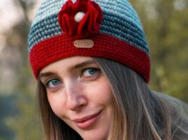 Crochet Cap with Flower Corsage in Red and Grey - Aran Accessories