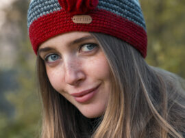 Crochet Cap with Flower Corsage in Red and Grey - Aran Accessories